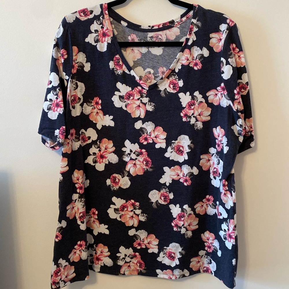 Lane Bryant Pink Floral V-neck T-Shirt